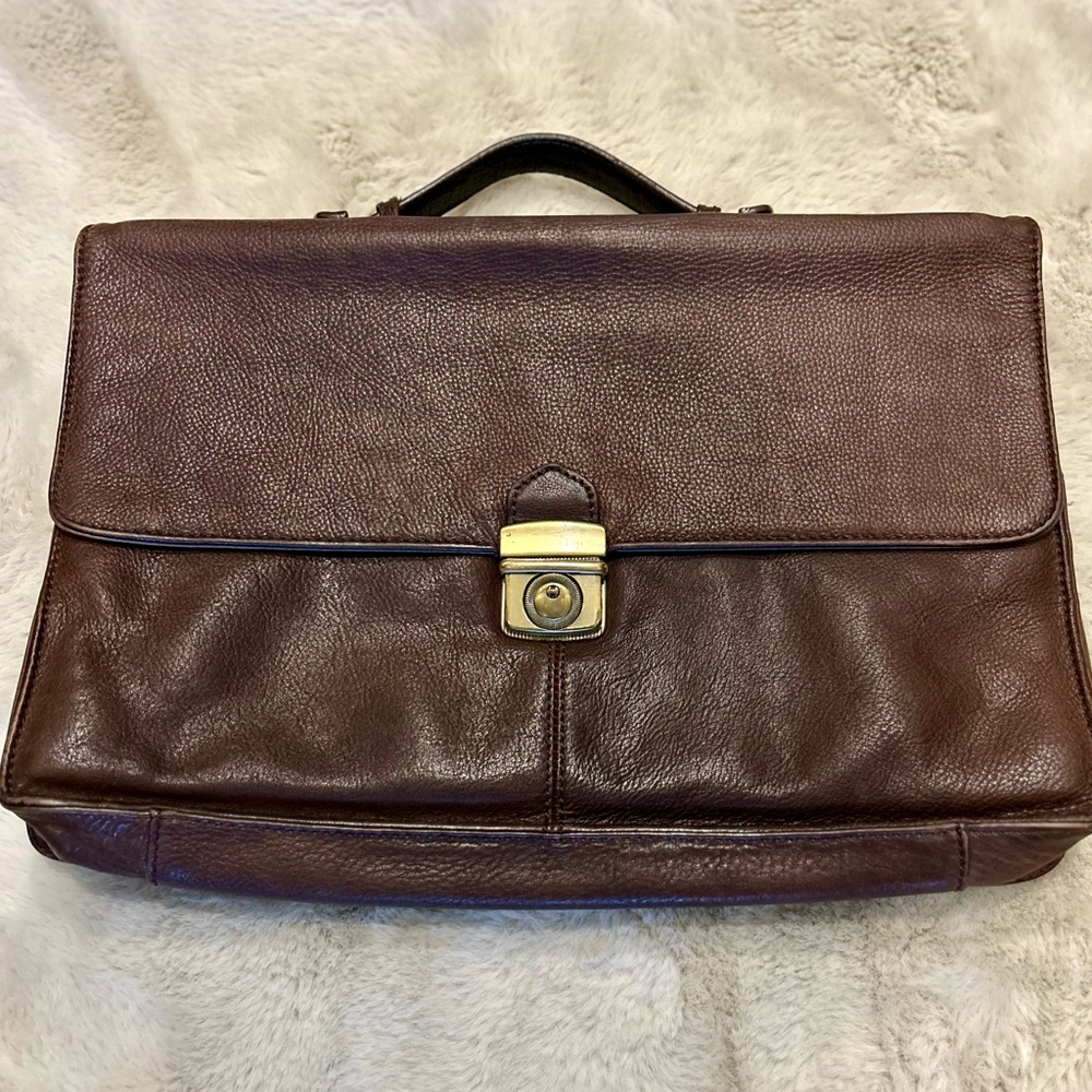 Genuine Leather UMI Briefcase Brown Pebbled Brass Hardware 16x10x2.5” 90’s Y2K